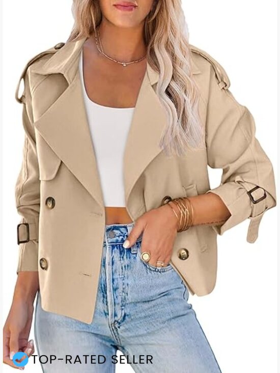 Jackets & Blazers - Cropped Double Breasted Trench Coat Raglan Sleeve Chic Work Office Jacket